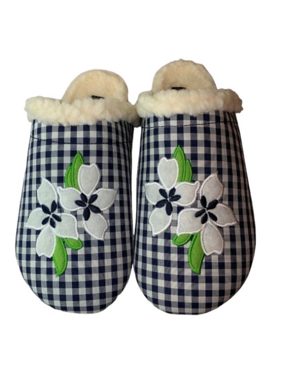 LANDSEND Draper James Womens Scuff Slippers Warm Sherpa Lined Gingham & Clover